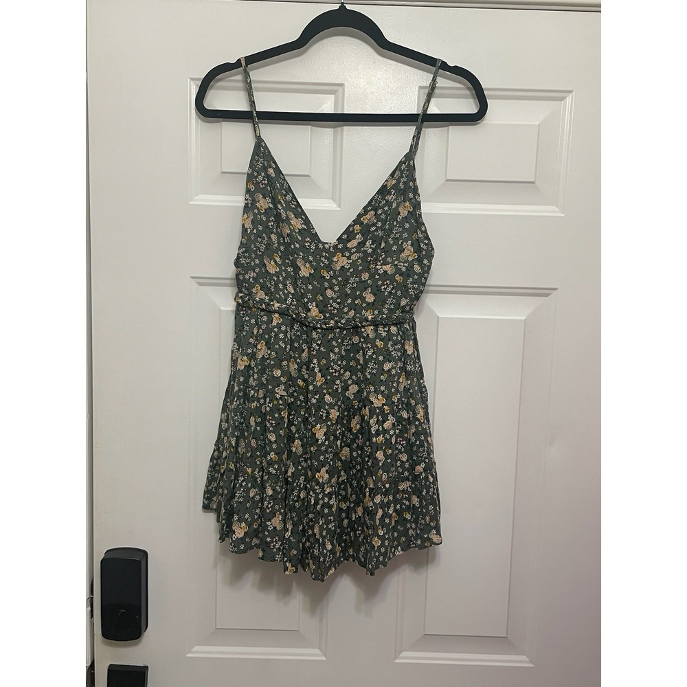 Storia Green Floral Print Ruffle Tie Strap Romper Size S Boho Chic Coquette